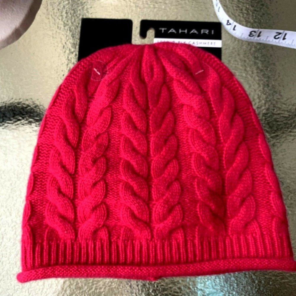 NWT TAHARI 100% cashmere raspberry Beanie hat one size